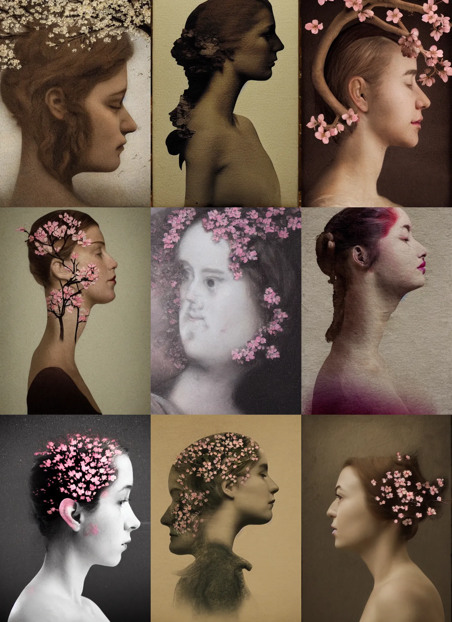 Prompt: a woman's face in profile, made of tree and cherry blossom, in the style of the Dutch masters and Gregory Crewdson, dark and moody