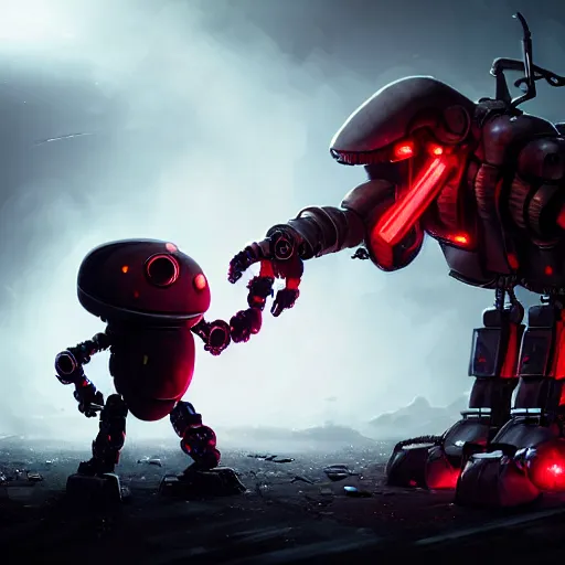 Image similar to post - apocalyptic, a very strong robot with red enerygies, is shaking hands with a mighty alien creature that has multiple eyes. smoke. volumetric lighting, sharp focus, ultra detailed, cgsociety