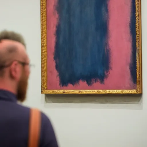 Prompt: man admiring a fake mark rothko painting hanging in a big art gallery