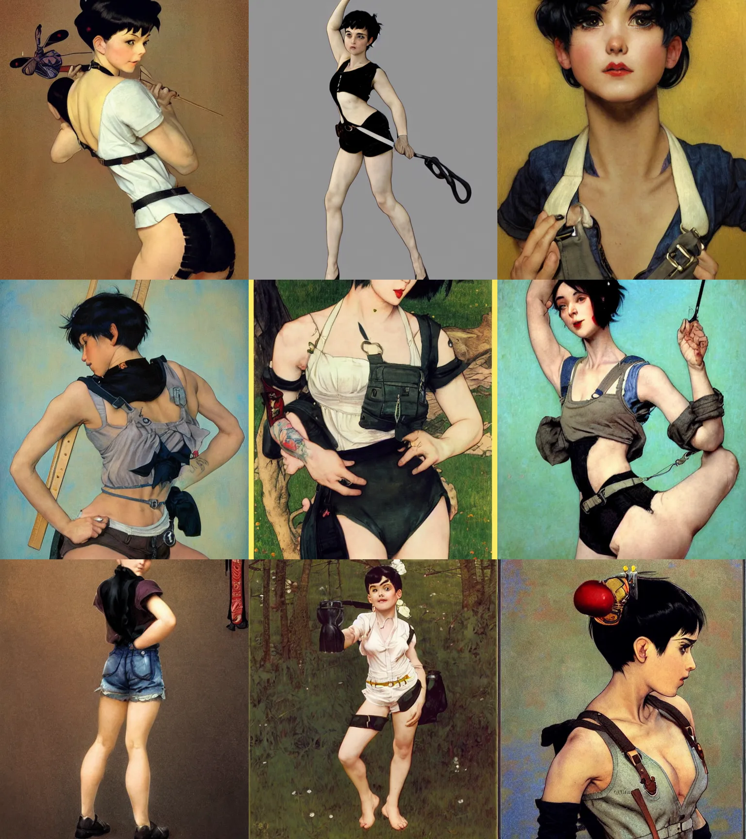 Image similar to a girl with black hair pixie cut in shorts with suspenders drawn by shinkiro, norman rockwell, frank frazetta, peter paul rubens, alphonse mucha, gustav klimt 4k, unreal 5, DAZ, trending on artstation, octane render, hyperrealistic