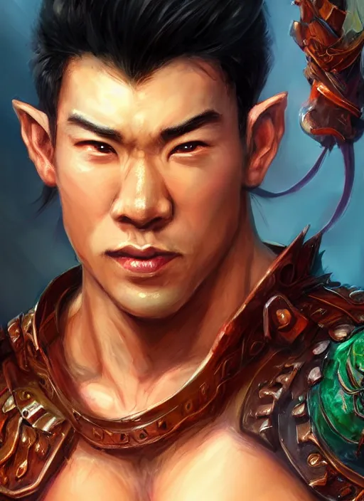 Image similar to muscly asian man mid parted hair, dndbeyond, bright, colourful, realistic, dnd character portrait, full body, pathfinder, pinterest, art by ralph horsley, dnd, rpg, lotr game design fanart by concept art, behance hd, artstation, deviantart, hdr render in unreal engine 5