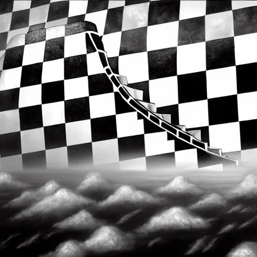 Image similar to A black and white freemasonic chequered surrealist digital painting of a stairway to into the clouds in the art style of jeff koons, Gilbert williams, Edwin Frederic Church and Christopher Balaskas, trending on artstation, 4k UHD