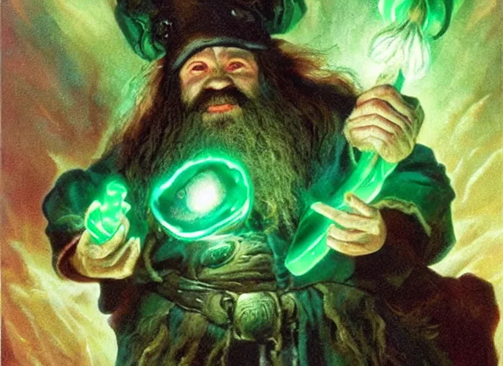 Prompt: a dwarf sorcerer holding a gigantic glowing emerald. dramatic lighting. high fantasy art ( 1 9 8 7 )
