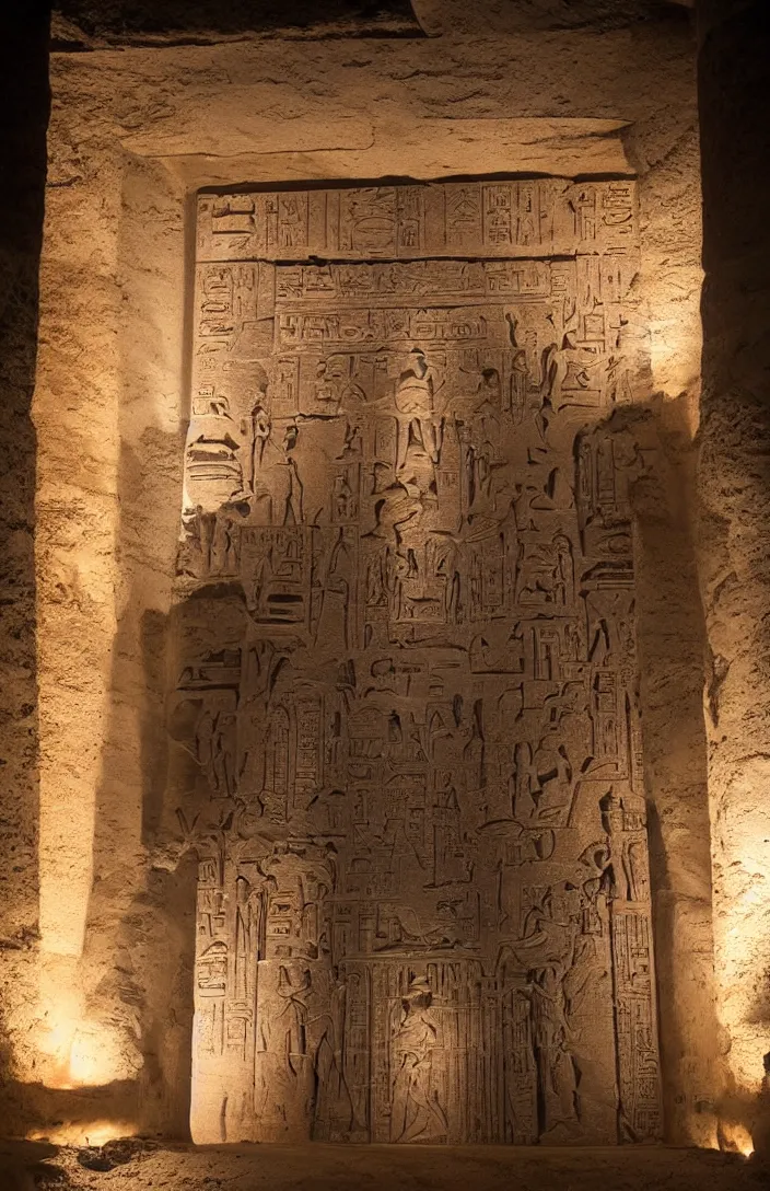 Image similar to punisher symbol is giant arching entrance and pillars in the form of the punisher icon forming entrance into ancient egyptian temple with luminous smoke and light rays.