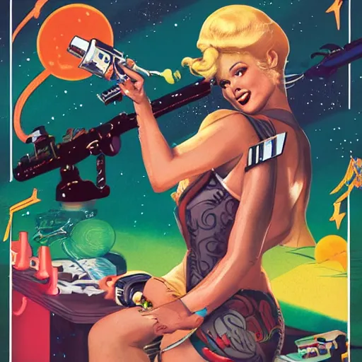 Image similar to old school, traditional style flashes of pinup girl in space holding a lazer pistol by sailor jerry, marina goncharova, vic james, electric martina, heath clifford, filip henningsson, kimi vera