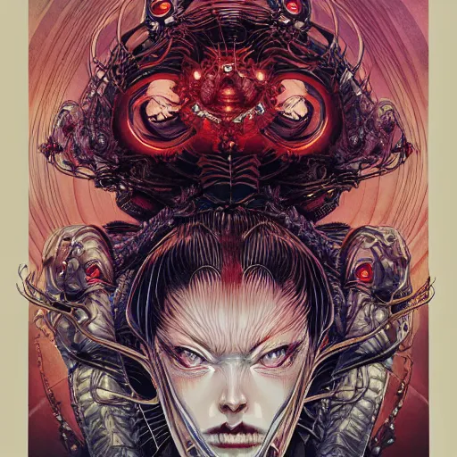 Prompt: crazy portrait of mad alien queen, symmetrical, by yoichi hatakenaka, masamune shirow, josan gonzales and dan mumford, ayami kojima, takato yamamoto, barclay shaw, karol bak, yukito kishiro illustration, clear line