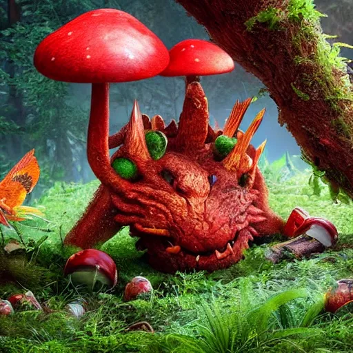 Image similar to a nature photo of a cute fury monster eating bugs for lunch while sitting on a red mushroom in the fantasy forest, extremely detailed, wide shot, sharp and detailed, Octane render