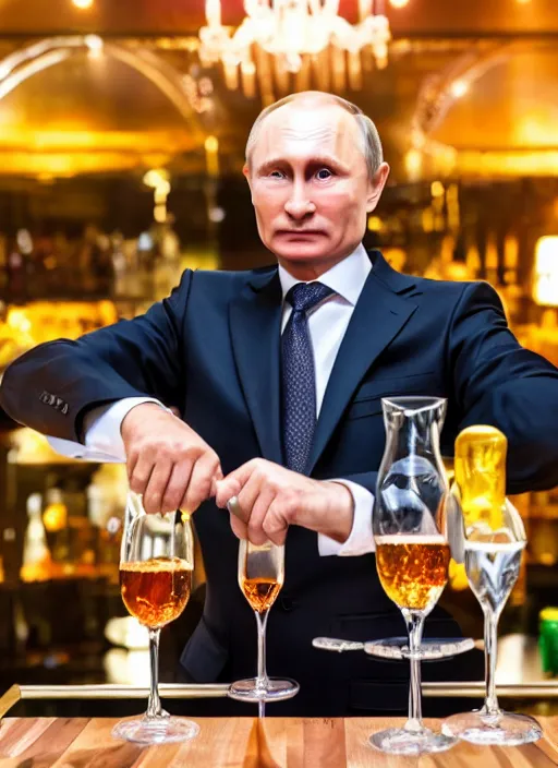 Image similar to a professional photo of person looking like vladimir putin sitting on bar, hand on table, rolex watches, taken in night club, blur background