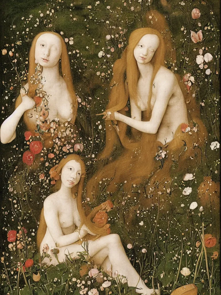 Image similar to elf maiden with long golden hair, wearing alexander mcqueen dress, sitting among flowers in the garden in the style of hieronymus bosch,