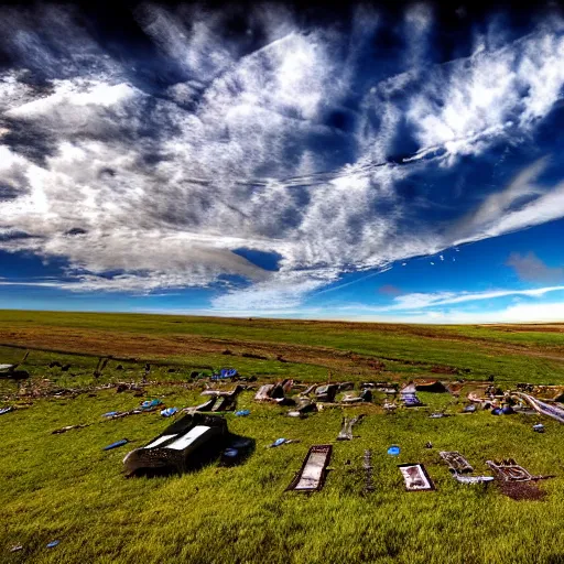 Image similar to windows xp bliss screensaver with many broken dilapidated old computers graveyard, wide angle lens