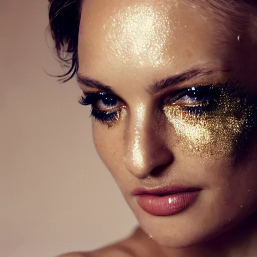 Image similar to extreme close up portrait of stunningly beautiful girl, gold dust make up, high res photo, 8 k, by mario testino