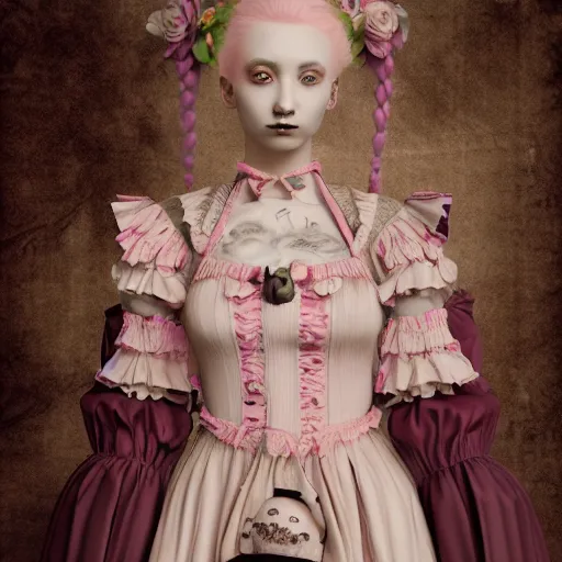 Image similar to 8 k, octane render, realism, tonalism, renaissance, rococo, baroque, cotton candy, portrait of a creepy young lady wearing long - harajuku manga - dress with flowers and skulls