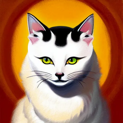 Prompt: painting of a cute white ( okami style ) ( ( kitsune ) ) cat budda with yellow patterns, plain white background, no people, art by jc leyendecker, phil hale, angular, brush strokes, painterly, crisp, portrait of a cat, cat portrait painting