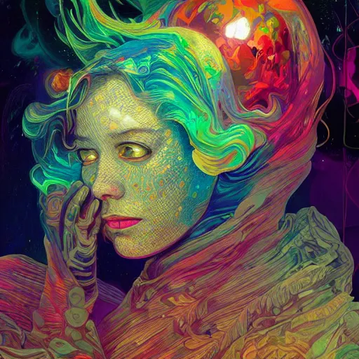 Image similar to An extremely psychedelic experience, colorful, surreal, dramatic lighting, cosmonaut, LSD, face, detailed, intricate, elegant, highly detailed, digital painting, artstation, concept art, smooth, sharp focus, illustration, art by Sam Spratt, Dan Mumford, Artem Demura and Alphonse Mucha