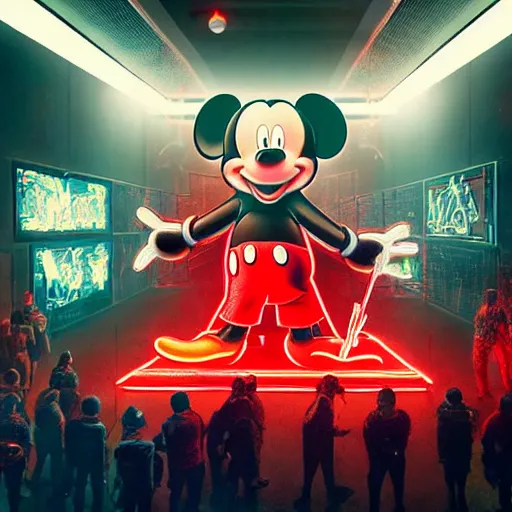 Image similar to a group of people standing around a giant bloody wounded mickey mouse, neon netflix logo, cyberpunk art by david lachapelle, cgsociety, sots art, dystopian art, reimagined by industrial light and magic, dark concept art