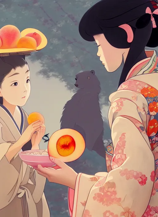 Image similar to painting of a girl wearing a kimono giving a peach to an anthropomorphic asian black bear, featured in artstation, octane render, cinematic, elegant, intricate, 8 k, close up, in the style of studio ghibli and heikala and alphonse mucha,