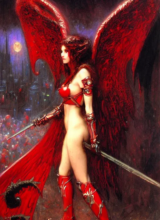 Image similar to angel knight gothic girl in dark and red dragon armor. by gaston bussiere