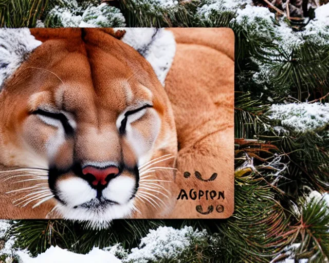 Prompt: postcard showing 'a cougar sleeping in the middle of snowy pine tree' laying on coffee table with stamp and damaged due to age, zoomed out shot, HD, iphone capture