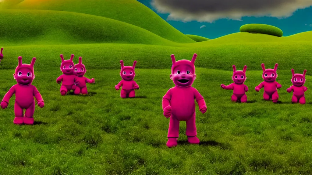 Prompt: Teletubbies performing cult sacrifice on sunny green hills, film still from the movie directed by Denis Villeneuve with art direction by Zdzisław Beksiński, wide lens