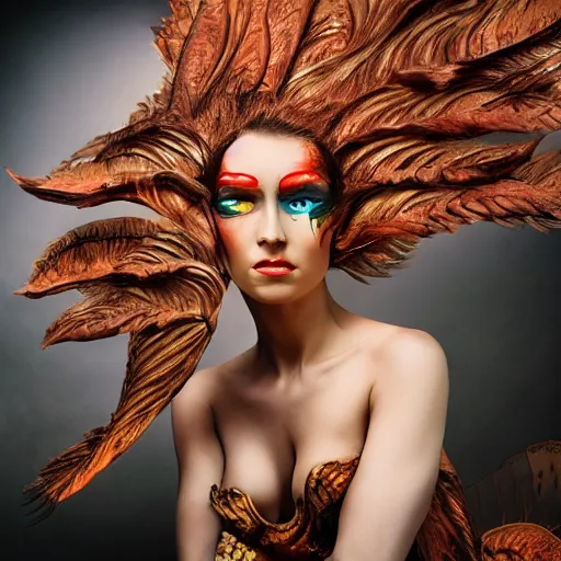 Prompt: young woman in a futuristic nymph costume, striking a pose, intricate hairstyle, professional body paint, full body portrait photography by Karel Saudek, digital, photoshop, Helios 44-2, high definition, large props, eye catching, award winning, 4K UHD
