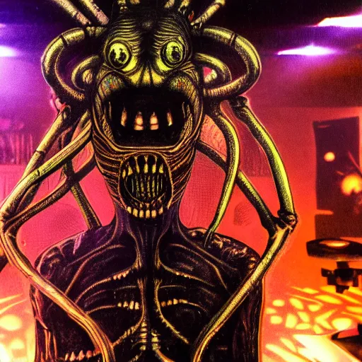 Prompt: an alien djing in a hardcore rave in the style of Giger. 35mm photo realistic