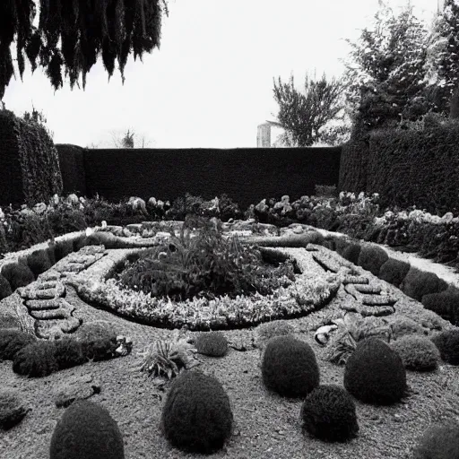 Prompt: a garden themed after david lynch, photography, black and white,