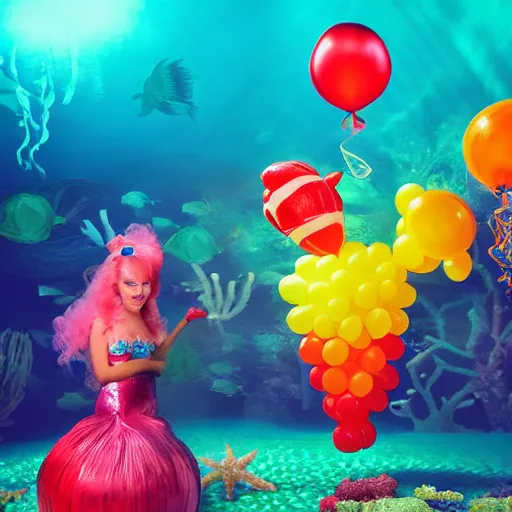 Image similar to balloonanimals, under the sea, little mermaid, realistic, hd, dramatic lighting