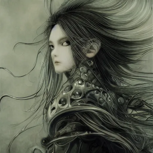 Image similar to yoshitaka amano blurred and dreamy realistic illustration of an anime girl with wavy white hair and cracks on her face wearing elden ring armour with the cape fluttering in the wind, abstract black and white patterns on the background, noisy film grain effect, highly detailed, renaissance oil painting, weird portrait angle