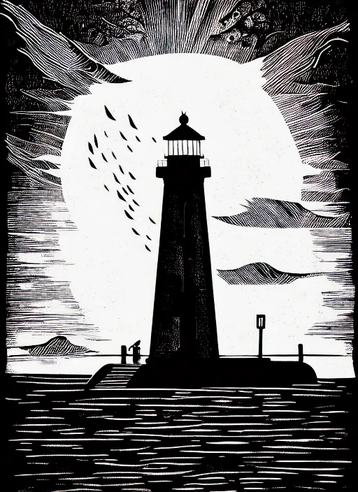 Prompt: art by allie webb, black ink linocut print of lighthouse, high seas, 8 k, frostbite 3 engine, cryengine, ground level shot, dof, trending on artstation, digital art, crepuscular ray