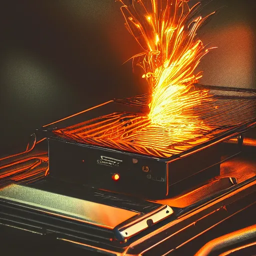 Prompt: toaster oven hangig by metallic cables, symmetry, dark messy smoke - filled cluttered workshop, dark, dramatic lighting, orange tint, sparks, cinematic, highly detailed, sci - fi, futuristic, movie still