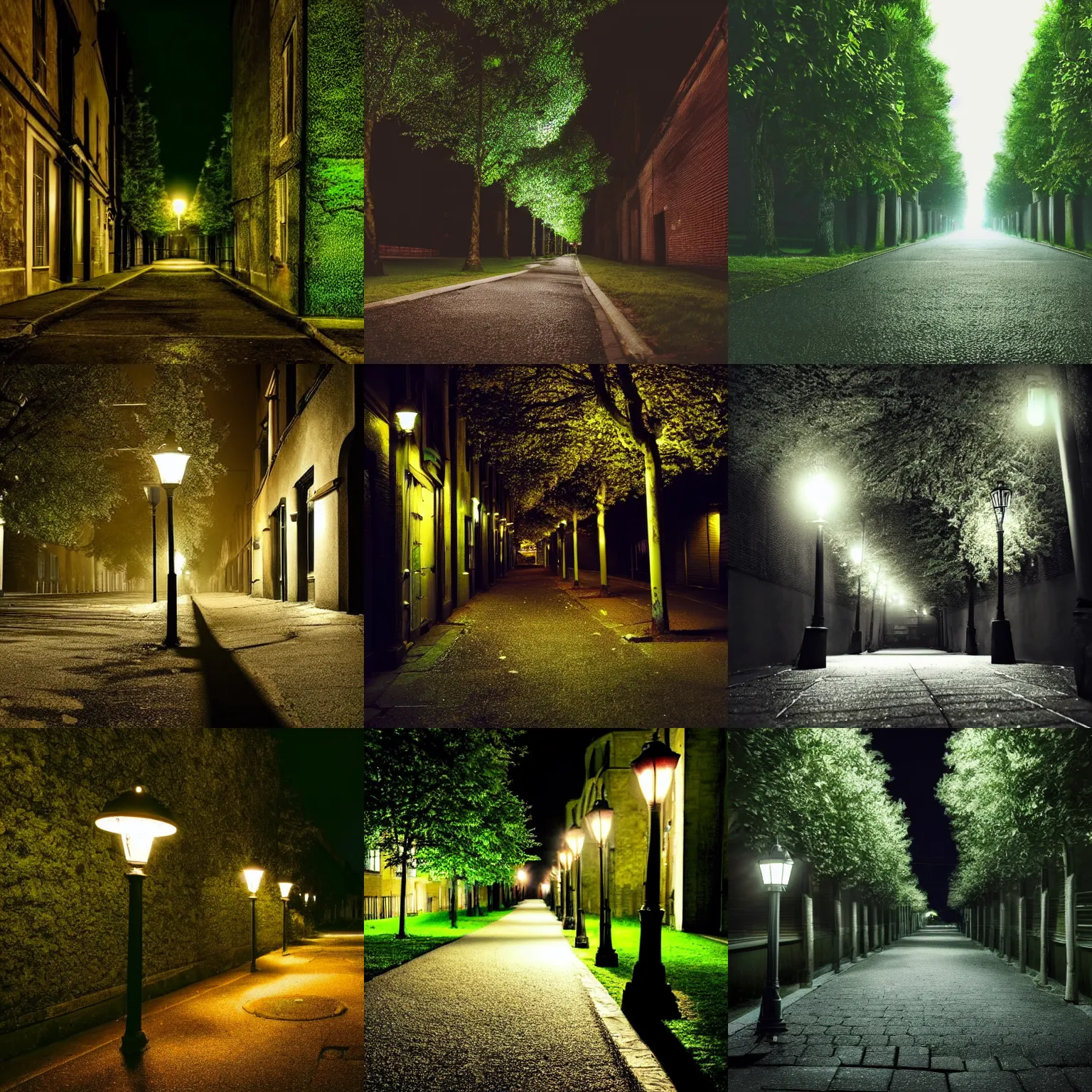 Prompt: a dark alley illuminated by a lamp post behind a green tree, leaves cast shadows on the pavement, atmospheric, warm summer nights