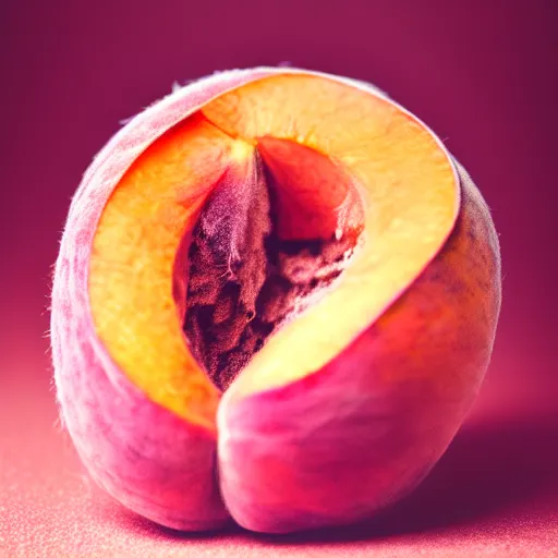 Image similar to a macro photo of a round peach's dry hairy skin, hyper realistic, hyper detailed, 35mm, very grainy film, pink volumetric studio lighting, bokeh, black background award winning shot, vogue magazine, cinematic, 8k, very closeup, elegant, tender, pastel