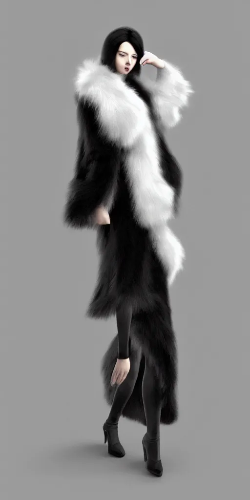 Image similar to full body aesthetic digital illustration of a beautiful young woman wearing a black fur coat standing in a white room, by wlop and Julia Razumova, realistic, photorealistic, hyperrealistic, unreal engine, cosplay, octane, deviantArt, trending on artstation, artstation HQ