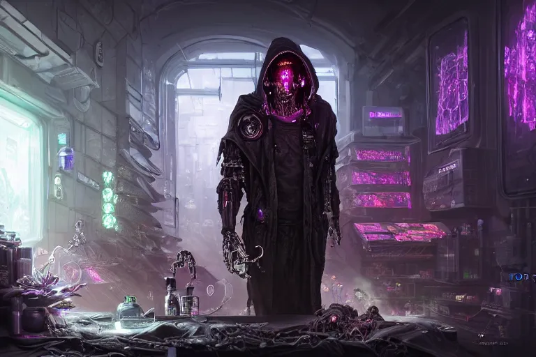 Image similar to ultra realistic illustration, a futuristic cyberpunk damaged necromancer cyborg wearing a cloak working on creating magical potions in an underground lair, hot potions in vials in background, rotting creatures on the shelf, cyberpunk, sci - fi, fantasy, intricate, elegant, highly detailed, digital painting, artstation, concept art, sharp focus, art wadim kashin