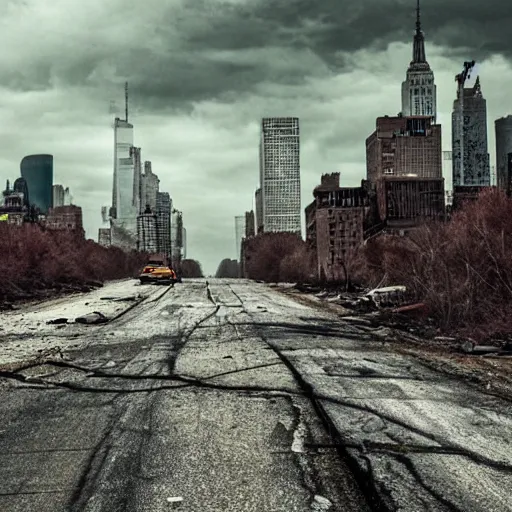 Image similar to new york abandoned, post apocalyptic, damage road