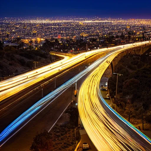 Image similar to los angeles california including interstate 5, blue hour photography, light trails, photorealistic, cinematic lighting, highly detailed