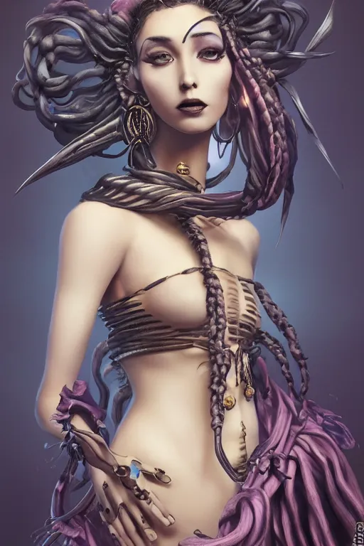 Prompt: vaporwave!!, an elegant sophisticated gothic queen with long wild dreads, straight on, by artgerm, jamie hewlett, tom bagshaw, gerald brom, 4 k, smooth, hd, substance designer render, full body character concept art, 2 point studio lighting,