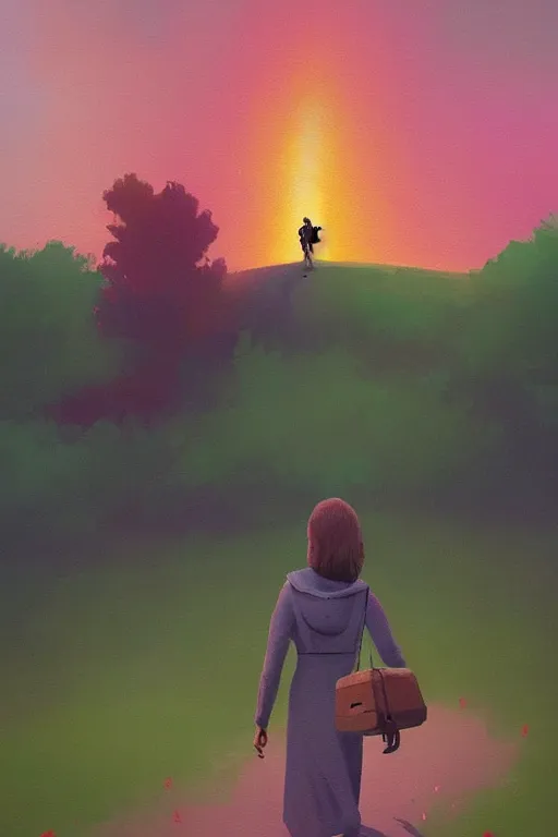 Image similar to a girl walking in park with book in her hand, surreal photography, sunrise, dramatic light, impressionist painting, colorful clouds, digital painting, artstation, simon stalenhag