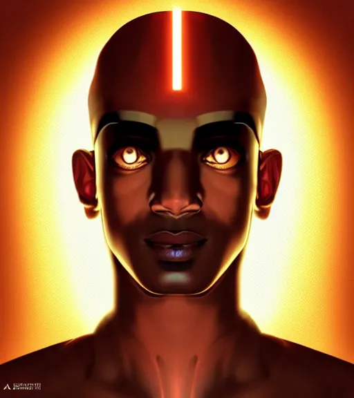 Image similar to symmetry!! egyptian god of technology, solid cube of light, hard edges, product render retro - futuristic poster scifi, lasers and neon circuits, brown skin handsome egyptian god, intricate, elegant, highly detailed, digital painting, artstation, concept art, smooth, sharp focus, illustration, dreamlike, art by artgerm