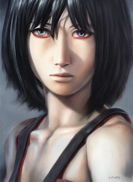 Image similar to Mikasa Ackerman realistic 3d painting, art by ian spriggs