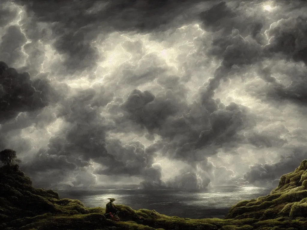 Image similar to detailed landscape, high cliff, very detailed dark super storm, hyper realistic clouds, impressive, magical, very atmospheric, smoke boiling, cinematic, deep, very high complexity, stunning, masterpiece, chiaroscuro, in the style of caspar david friedrich, very detailed. 4 k