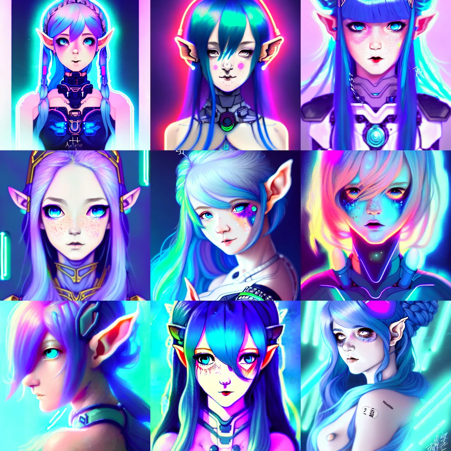 Image similar to art championship winner trending on artstation portrait of a goddess elven mecha warrior princess, head and shoulders, blue hair, matte print, pastel neon, cinematic highlights, lighting, digital art, cute freckles, digital painting, fan art, elegant, pixiv, by Ilya Kuvshinov, daily deviation, IAMAG, illustration collection aaaa updated watched premiere edition commission ✨✨✨ whilst watching fabulous artwork \ exactly your latest completed artwork discusses upon featured announces recommend achievement