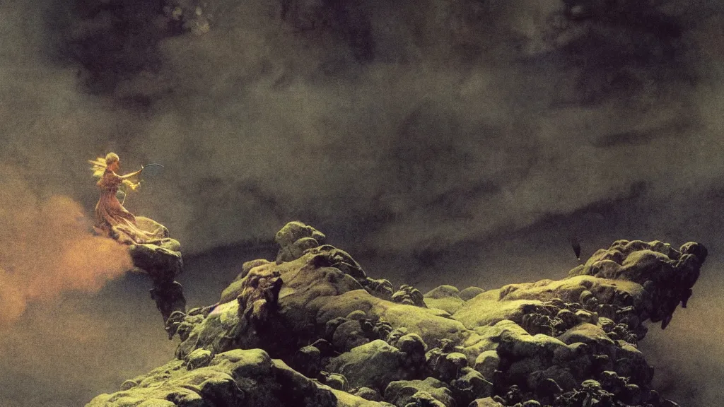 Image similar to a person conjuring!!! an image!!! from of noise!!!, by arthur rackham, maxfield parrish, and ivan aivazovsky, cinematic, colorful, intricate, chaotic, fantasy realism, hopeful, 8 k render, volumetric lighting