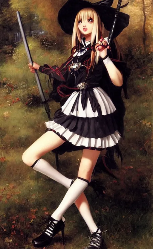 Prompt: school girl in gothic dress misa amane witch, school uniform, seifuku, pleated miniskirt, overknee socks, battle angel alita. by rembrandt 1 6 6 7, illustration, by konstantin razumov