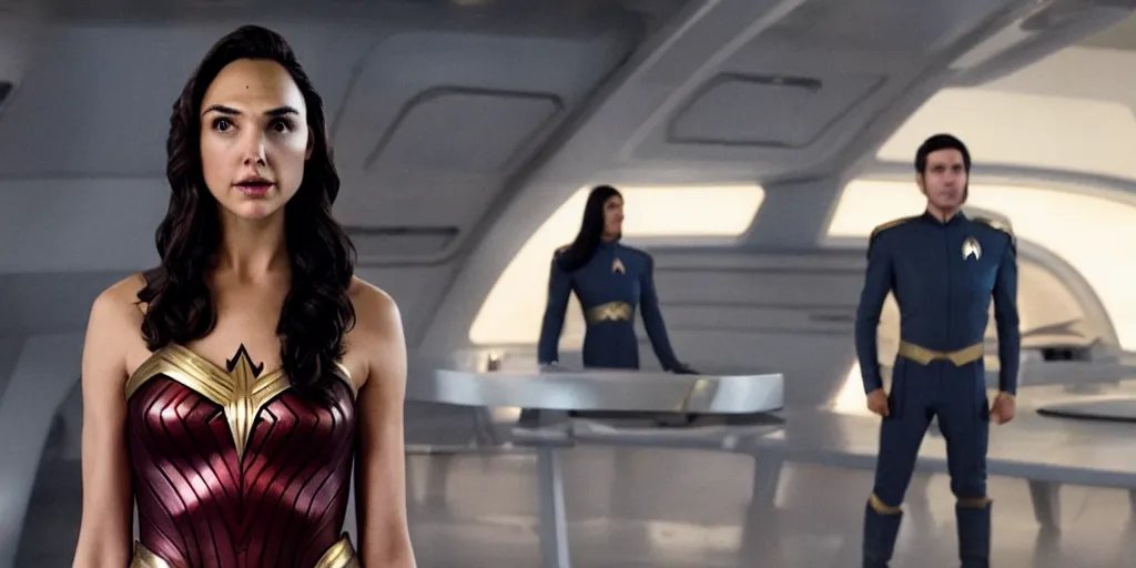 Image similar to Gal Gadot, in full starfleet uniform, is the captain of the starship Enterprise in the new Star Trek movie