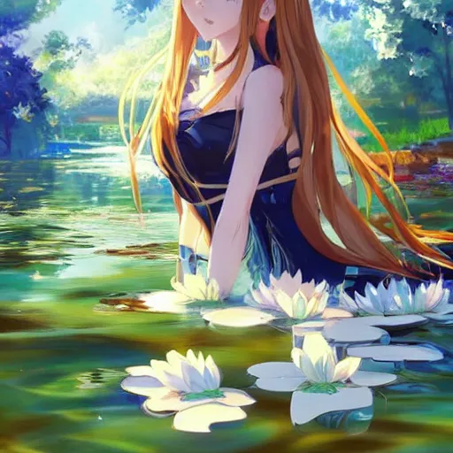 Prompt: isekai masterpiece drawn byaenami alena, atroshenko andrew, asencio henry, averin alexandr, blanchard antoine, bussiere gaston of a beautiful anime girl sitting in a pond filled with lily pads and koi fish