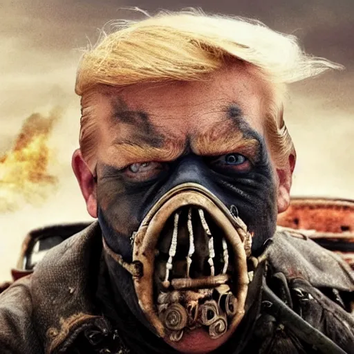 Image similar to Donald Trump as Immortan Joe, mad max fury road, detailed, 4k
