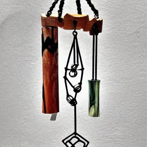 Image similar to This is a sketch of a wind chime made from the pieces of a broken mug. It shows the mug handle as the top piece with strings attached to it, and the bottom pieces of the mug hanging down like little bells, sketch, illustration