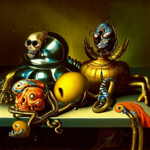 Image similar to disturbing colorful oil painting dutch golden age vanitas still life with bizarre mechanical objects strange gooey surfaces shiny metal bizarre mutant insects rachel ruysch dali todd schorr very detailed perfect composition rule of thirds masterpiece canon 5 0 mm, cinematic lighting, photography, retro, film, kodachrome