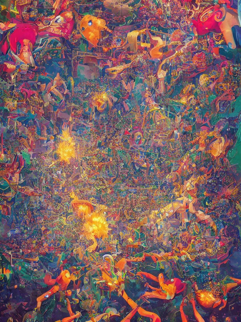 Prompt: a beautiful painting of a glitched explosion of primitive shapes in a monster carnival by oliver vernon and jonas burgert, trending on pinterest, fallas party figures